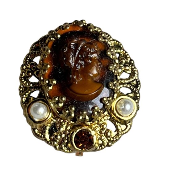 Vintage  WGermany Clip-On Cameo Gold Filigree Faux Pearls Amber earrings - Picture 2 of 6